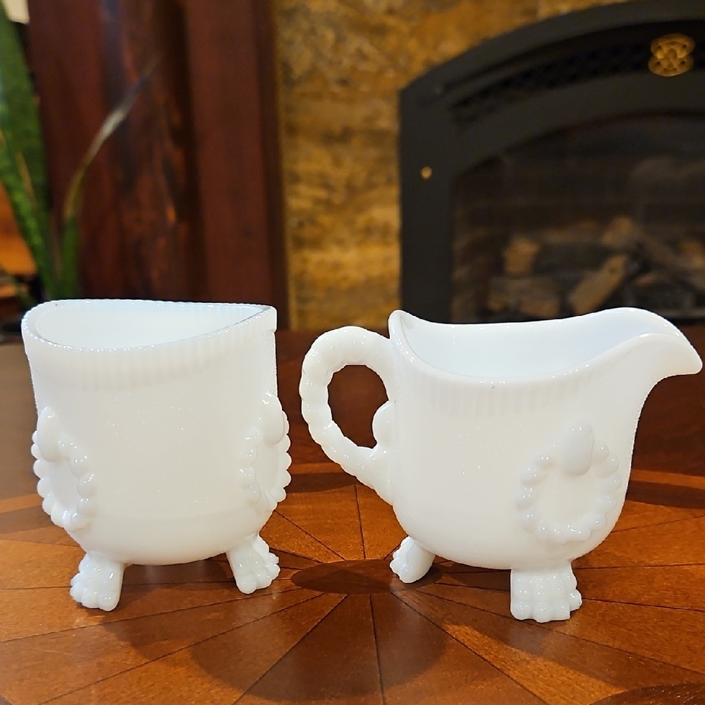 Small Rope Embossed 3-footed 4-toed Milk Glass Cream & Open Sugar Set